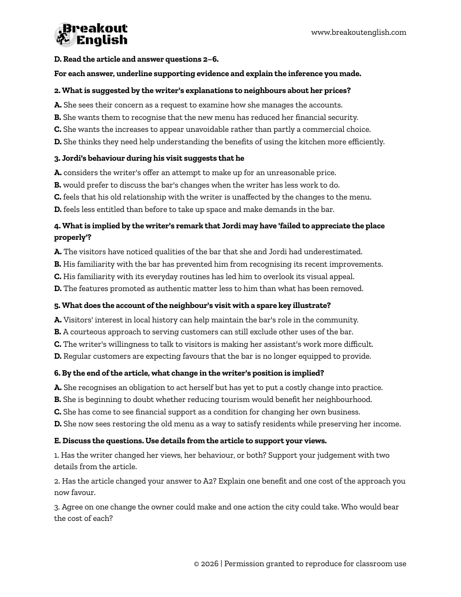 Further inference questions from the C1 Advanced inference worksheet