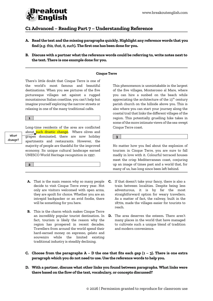 C1 Advanced gapped-text reference worksheet, student page
