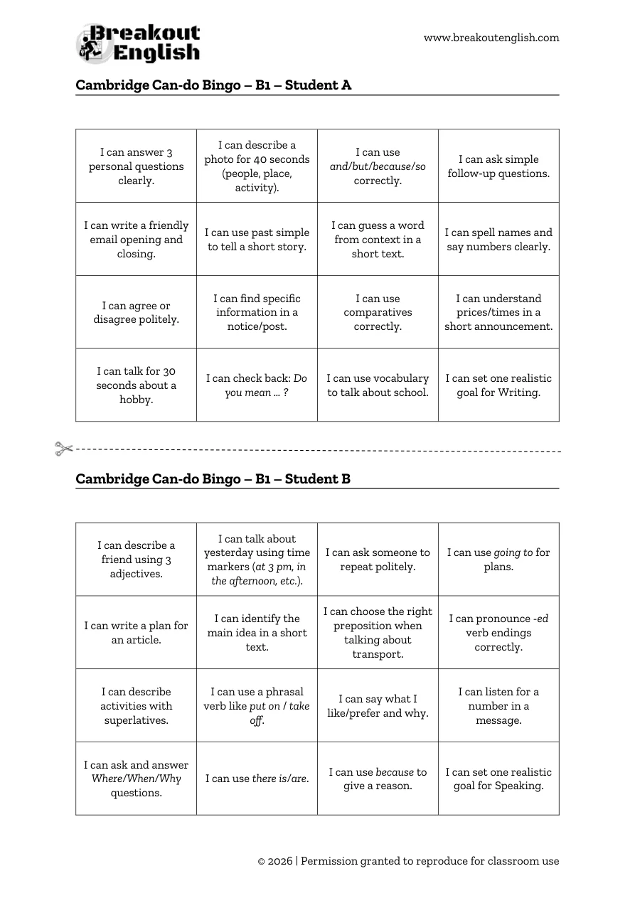 Cambridge can-do bingo B1, student cards A and B