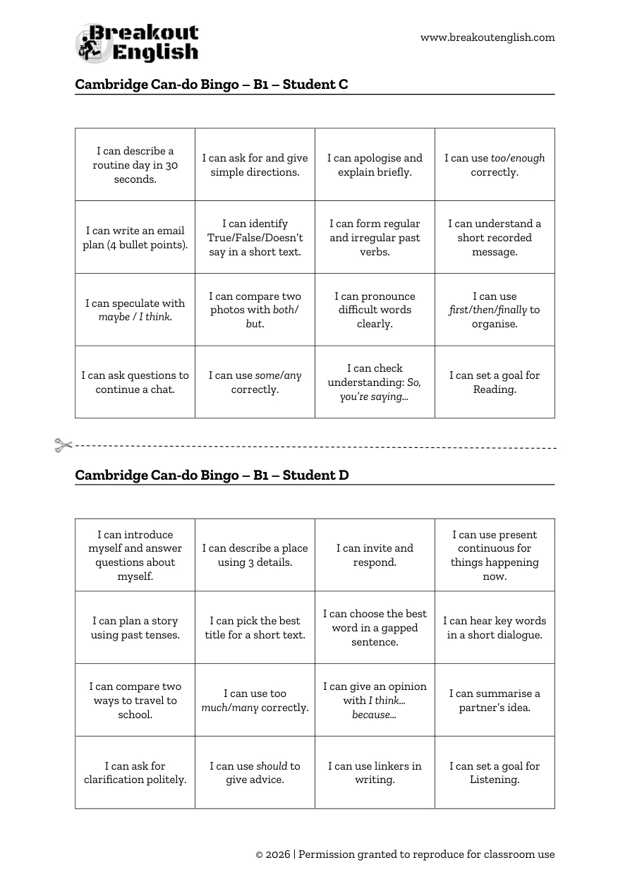 Cambridge can-do bingo B1, student cards C and D