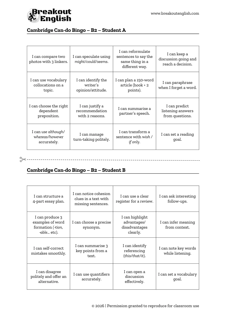 Cambridge can-do bingo B2, student cards A and B