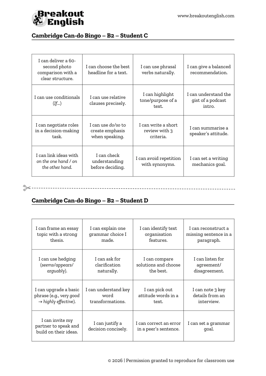 Cambridge can-do bingo B2, student cards C and D