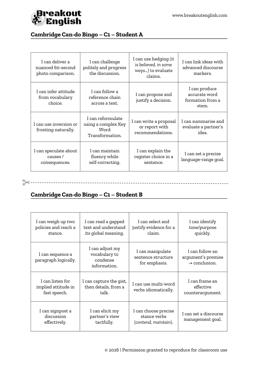 Cambridge can-do bingo C1, student cards A and B