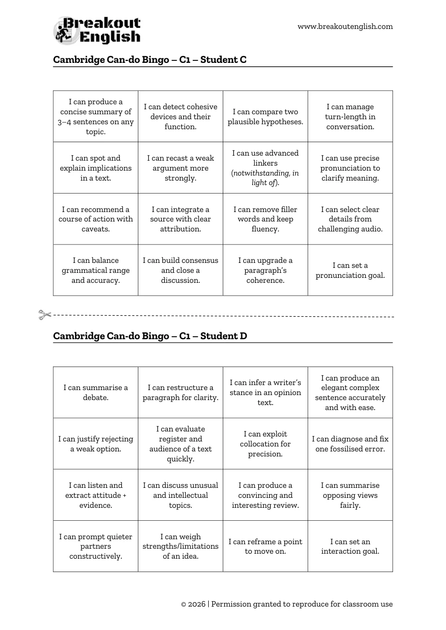 Cambridge can-do bingo C1, student cards C and D
