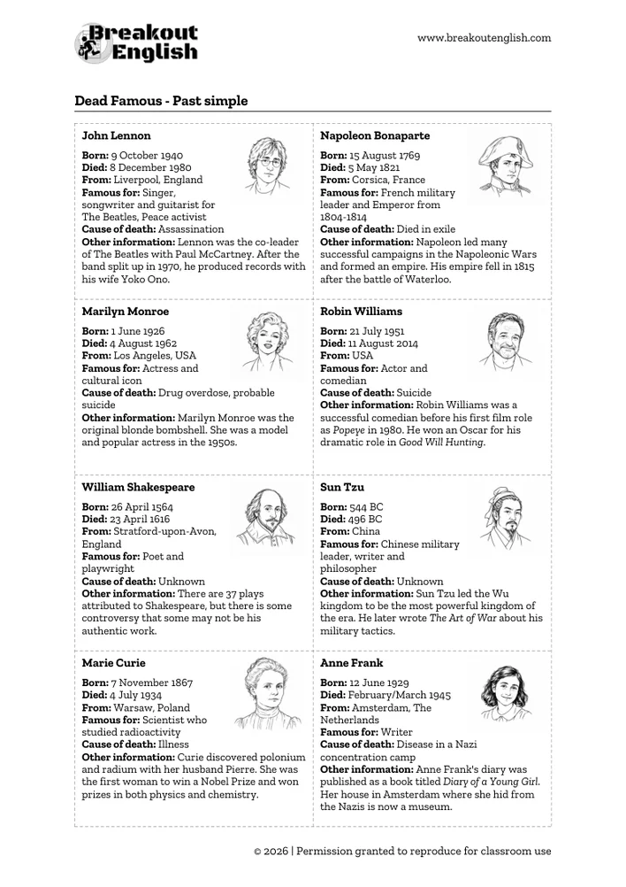 Dead Famous past simple game cards with portraits and biographical clues