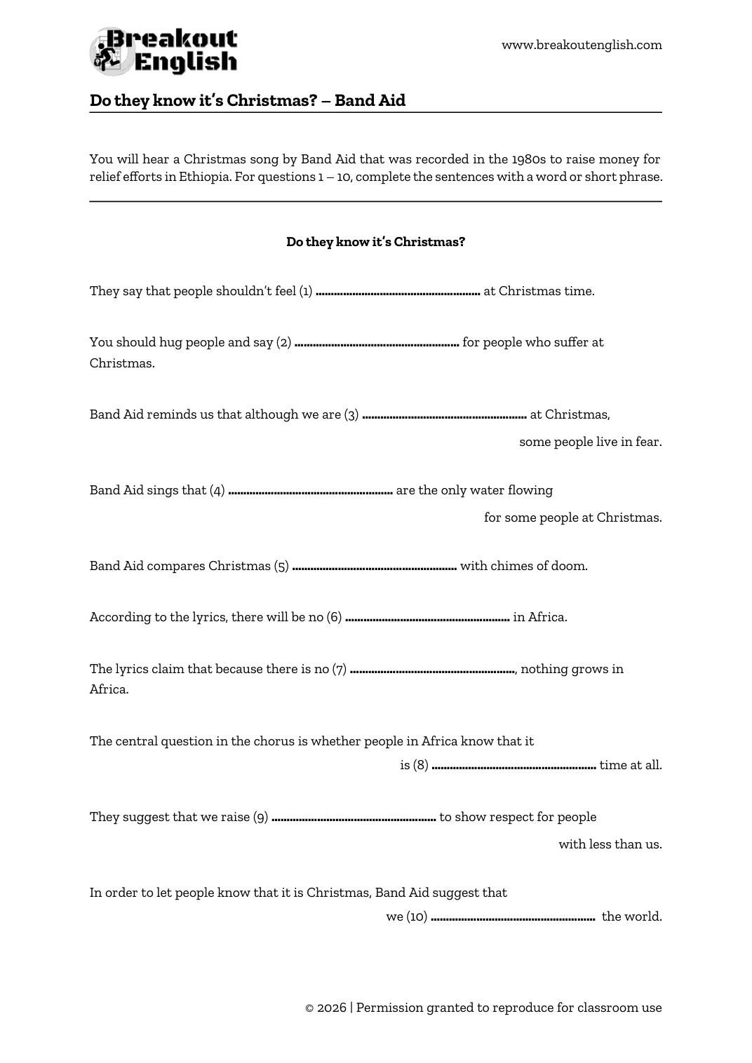Do They Know Its Christmas listening worksheet