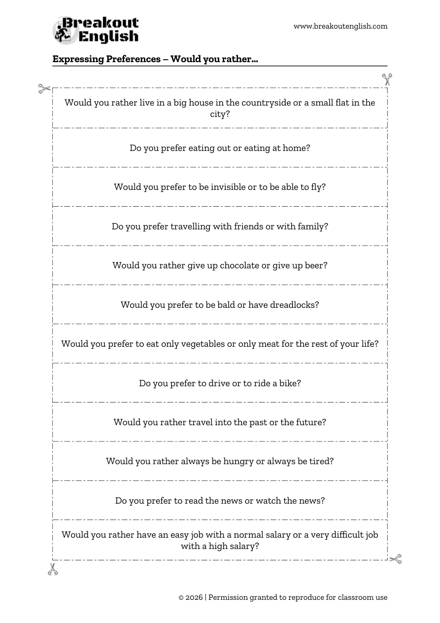 Expressing preferences, 12 Would you rather discussion cards