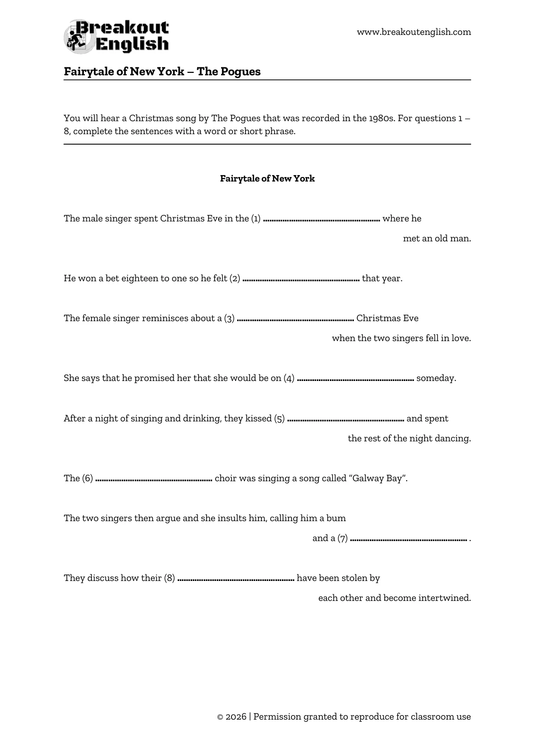 Fairytale of New York listening worksheet
