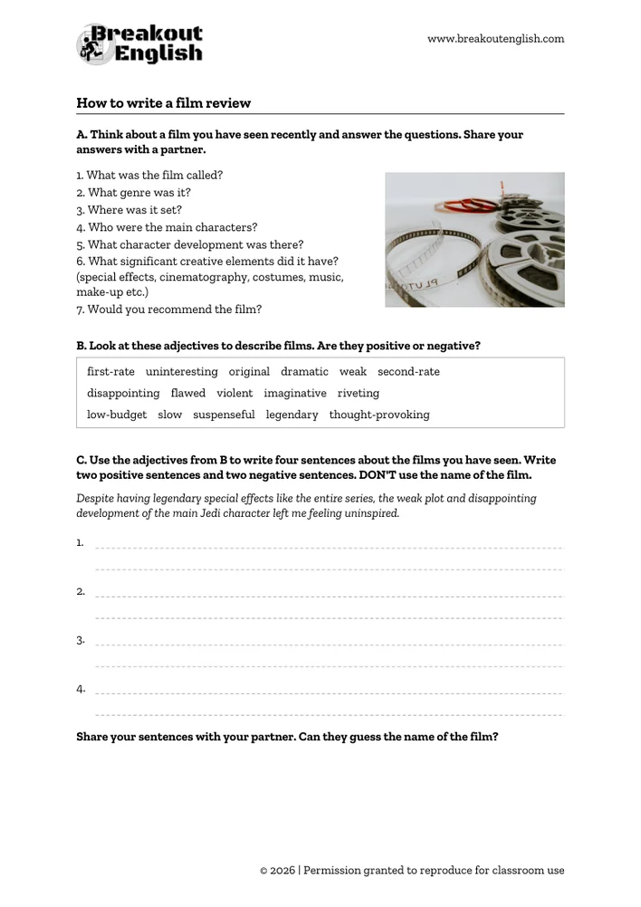 Film review worksheet with discussion questions and descriptive adjectives