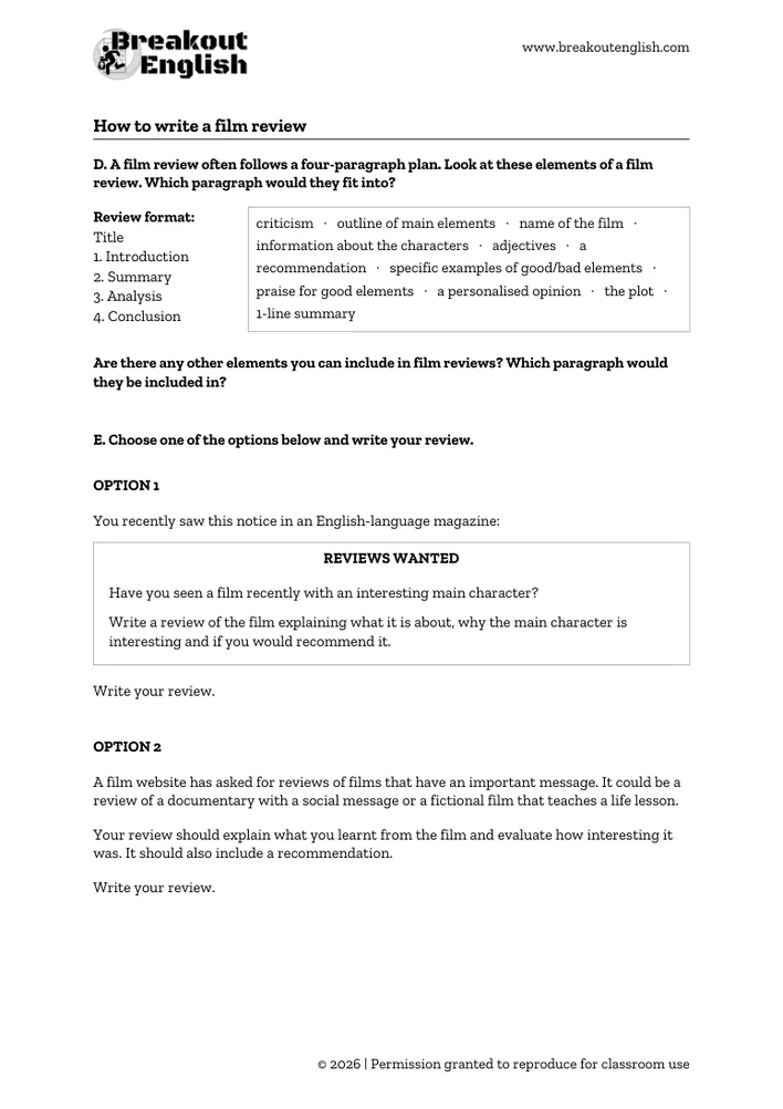 Film review worksheet with a paragraph plan and two writing prompts