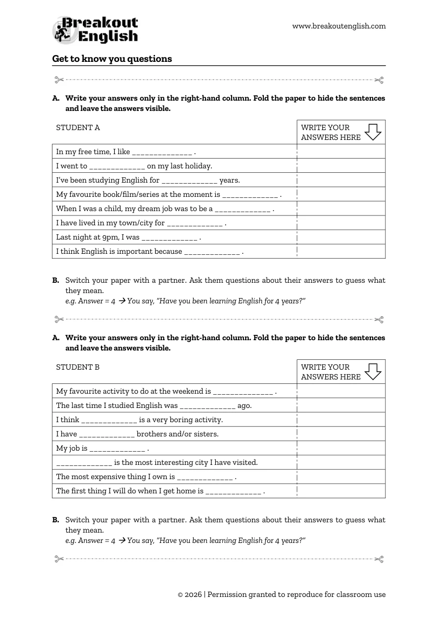 First-day get to know you questions, Student A and Student B