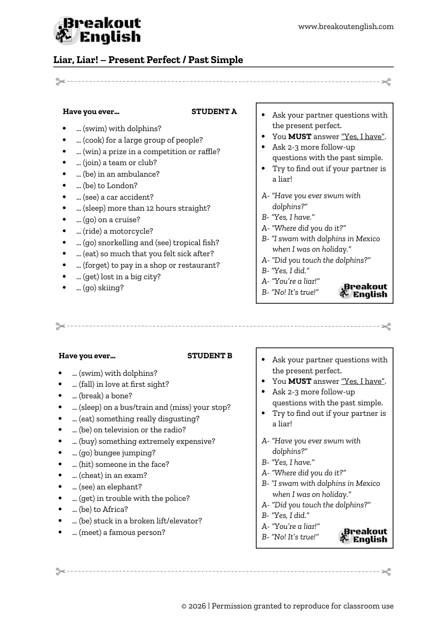 Liar Liar present perfect and past simple, Student A and Student B