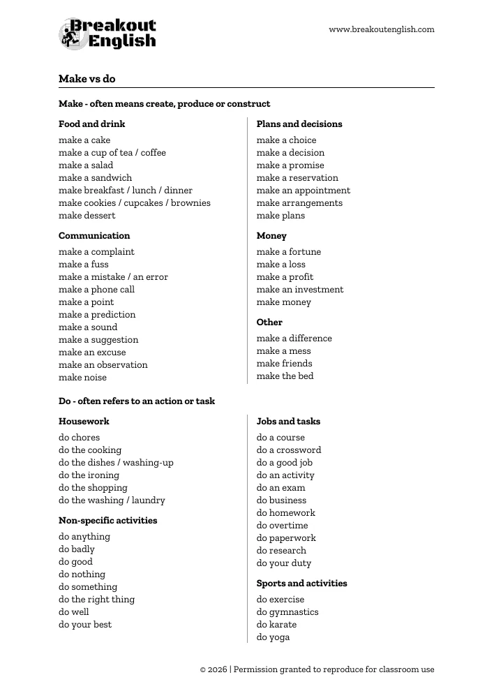Preview of the make vs do collocations list grouped by topic
