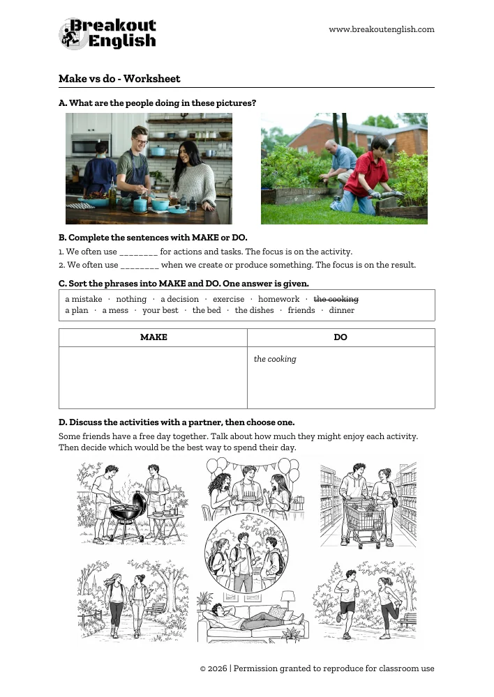 Preview of the make vs do worksheet with picture prompts and collocation exercises