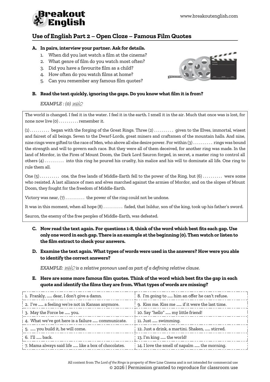 Famous Film Quotes open cloze worksheet, student page 1