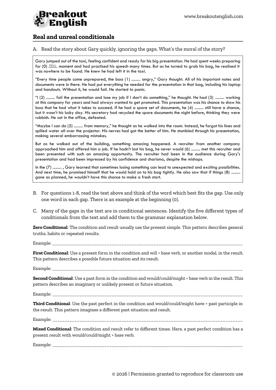 Real and unreal conditionals worksheet, student page 1