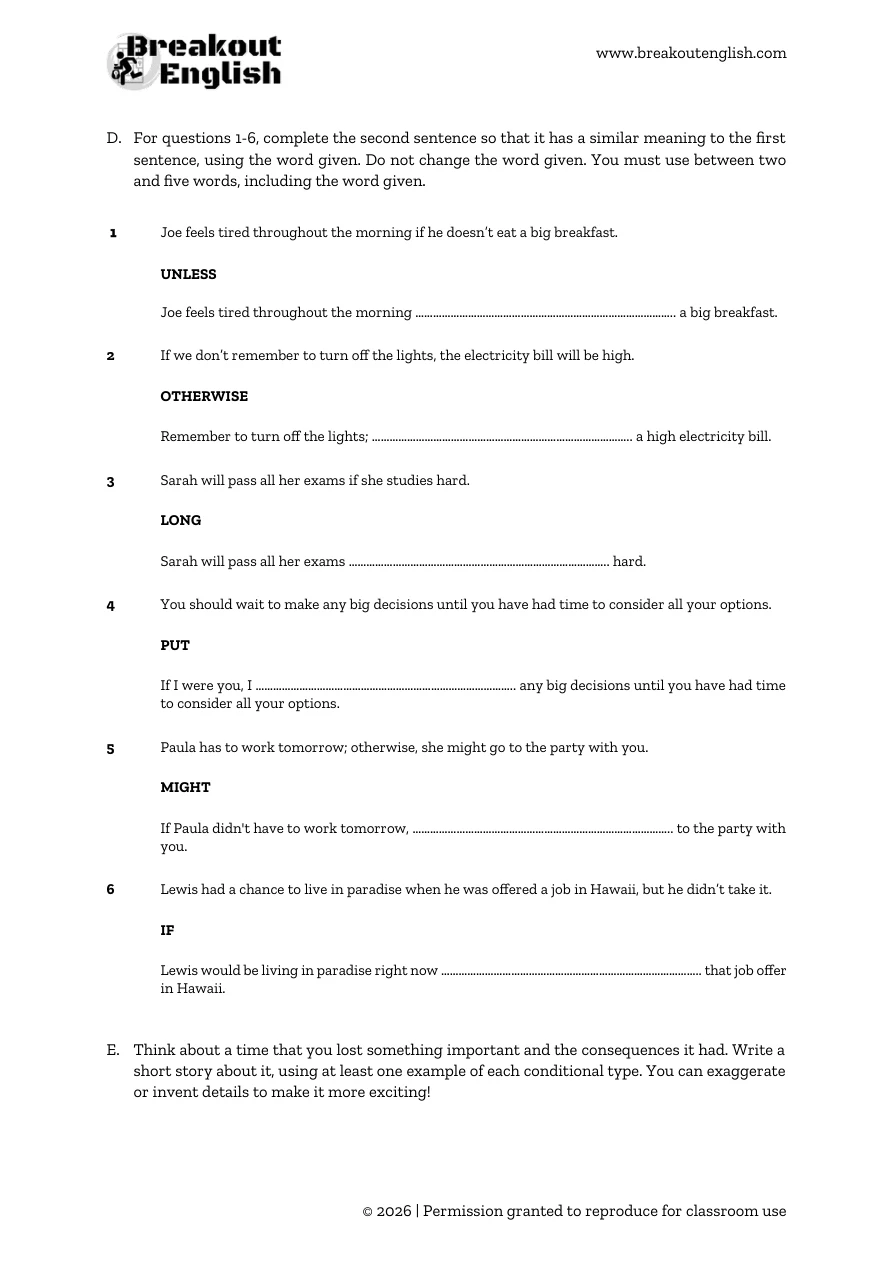 Real and unreal conditionals worksheet, student page 2