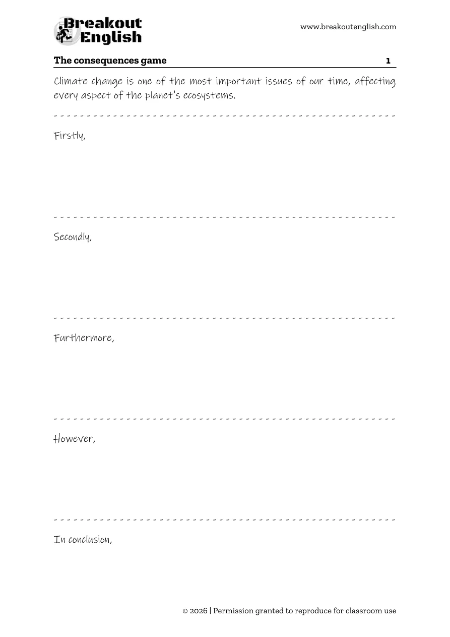 Consequences writing game, climate change sample page
