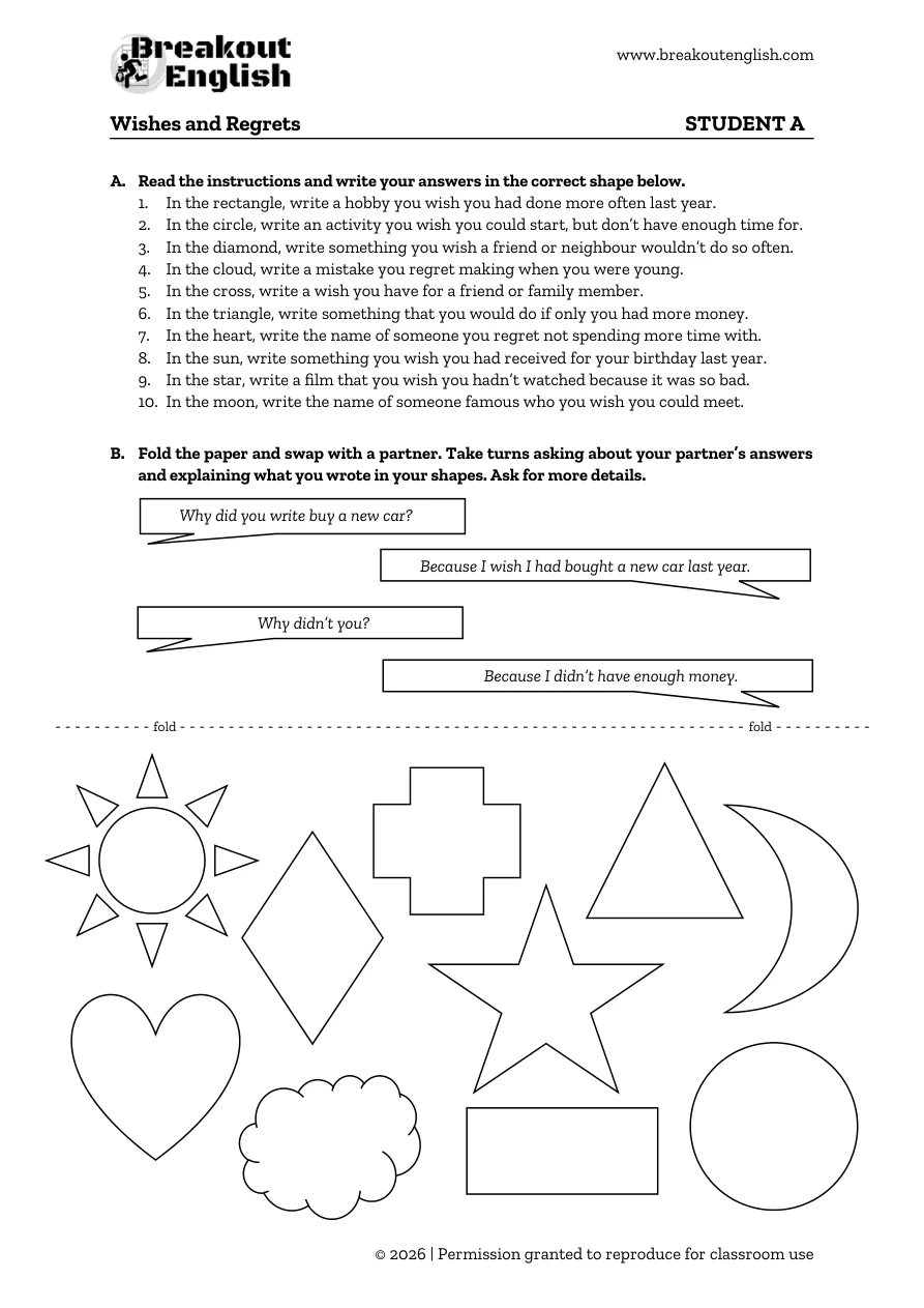 Wishes and Regrets, Student A partner sheet