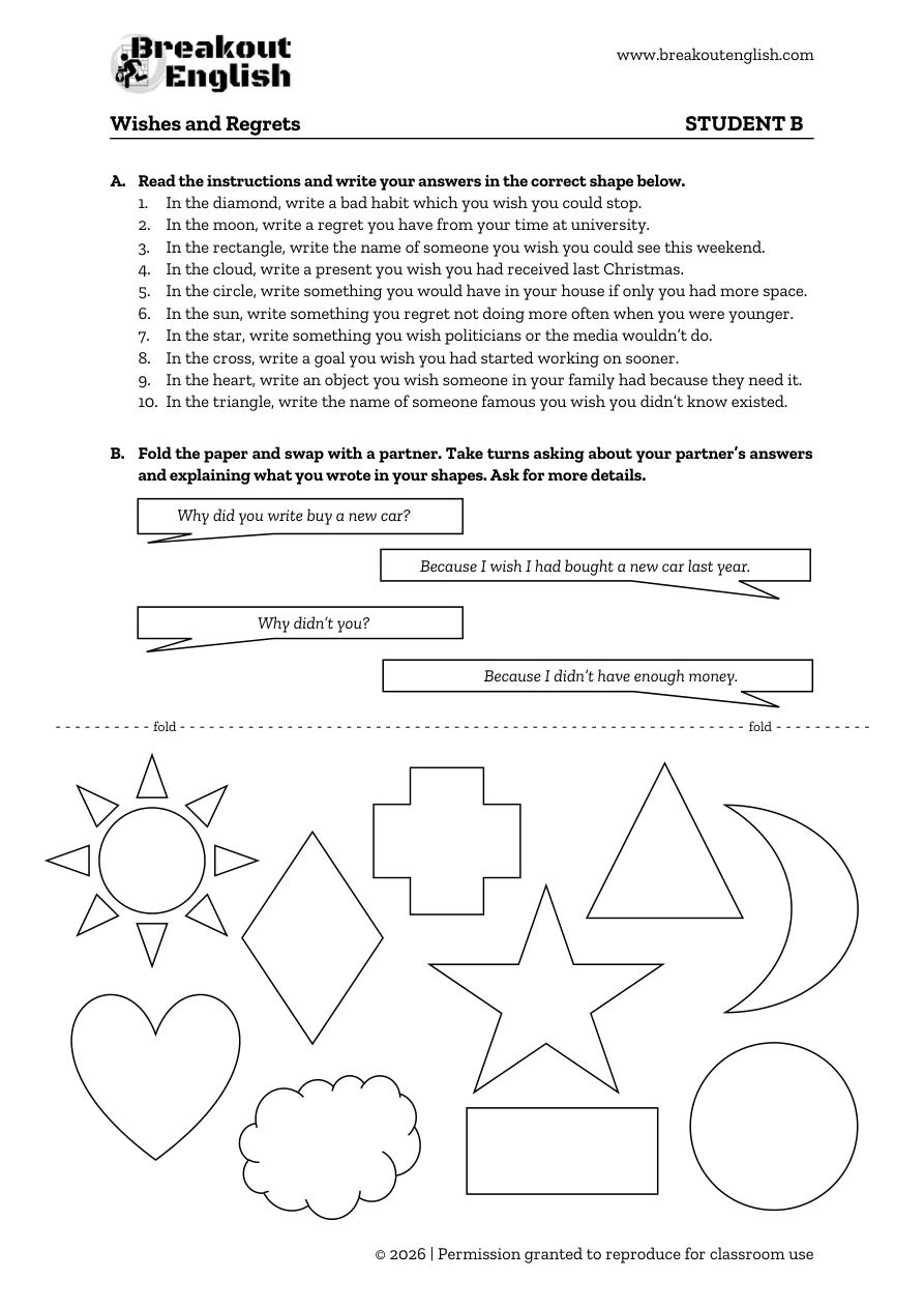 Wishes and Regrets, Student B partner sheet