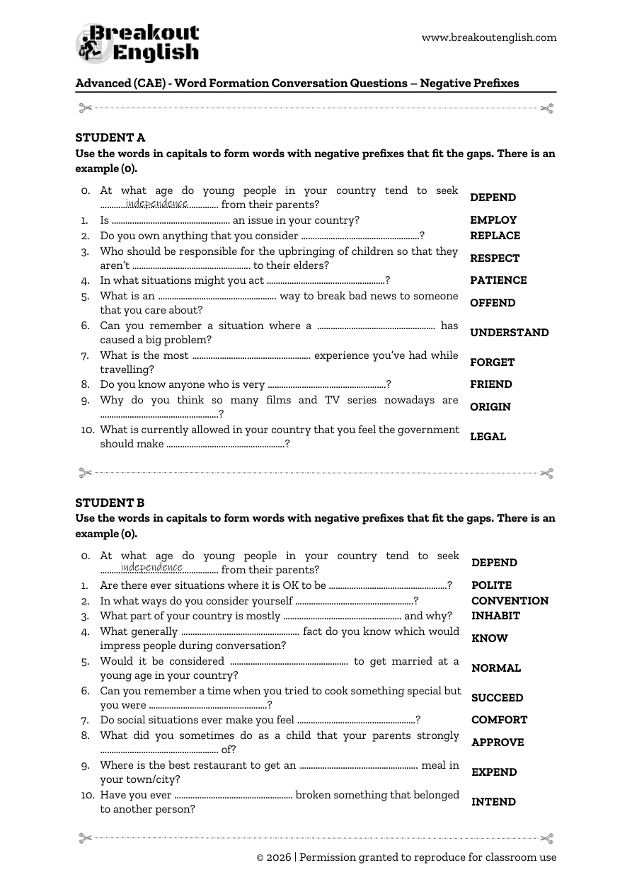 C1 negative-prefix conversation questions, Student A and Student B