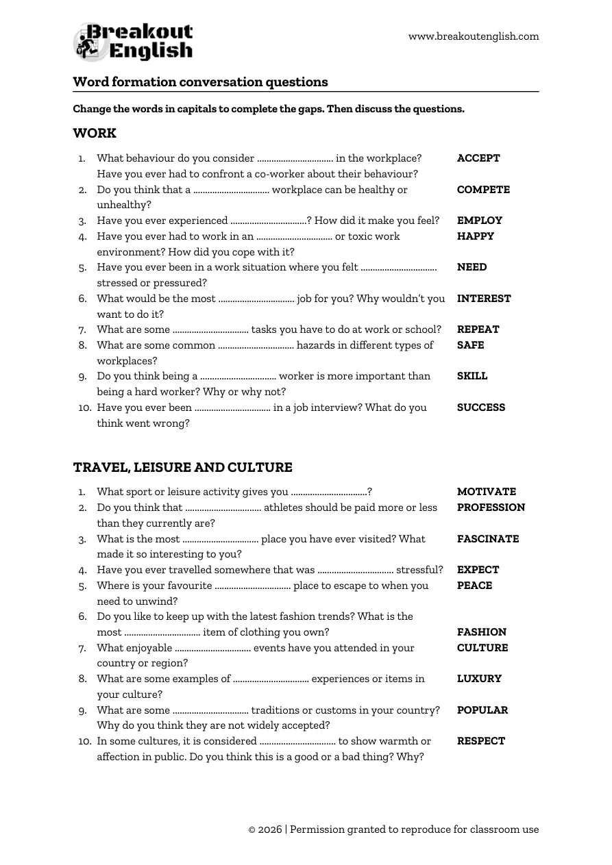 Word formation conversation questions, work and travel