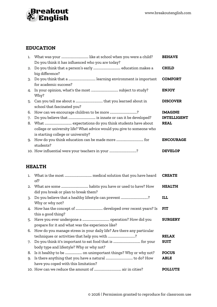 Word formation conversation questions, education and health