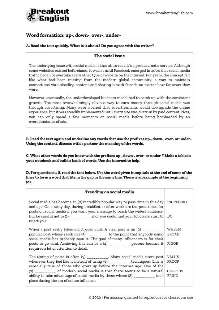 Word formation worksheet with social media reading and practice tasks