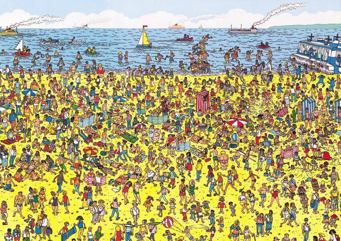 Where’s Wally classroom speaking, beach picture