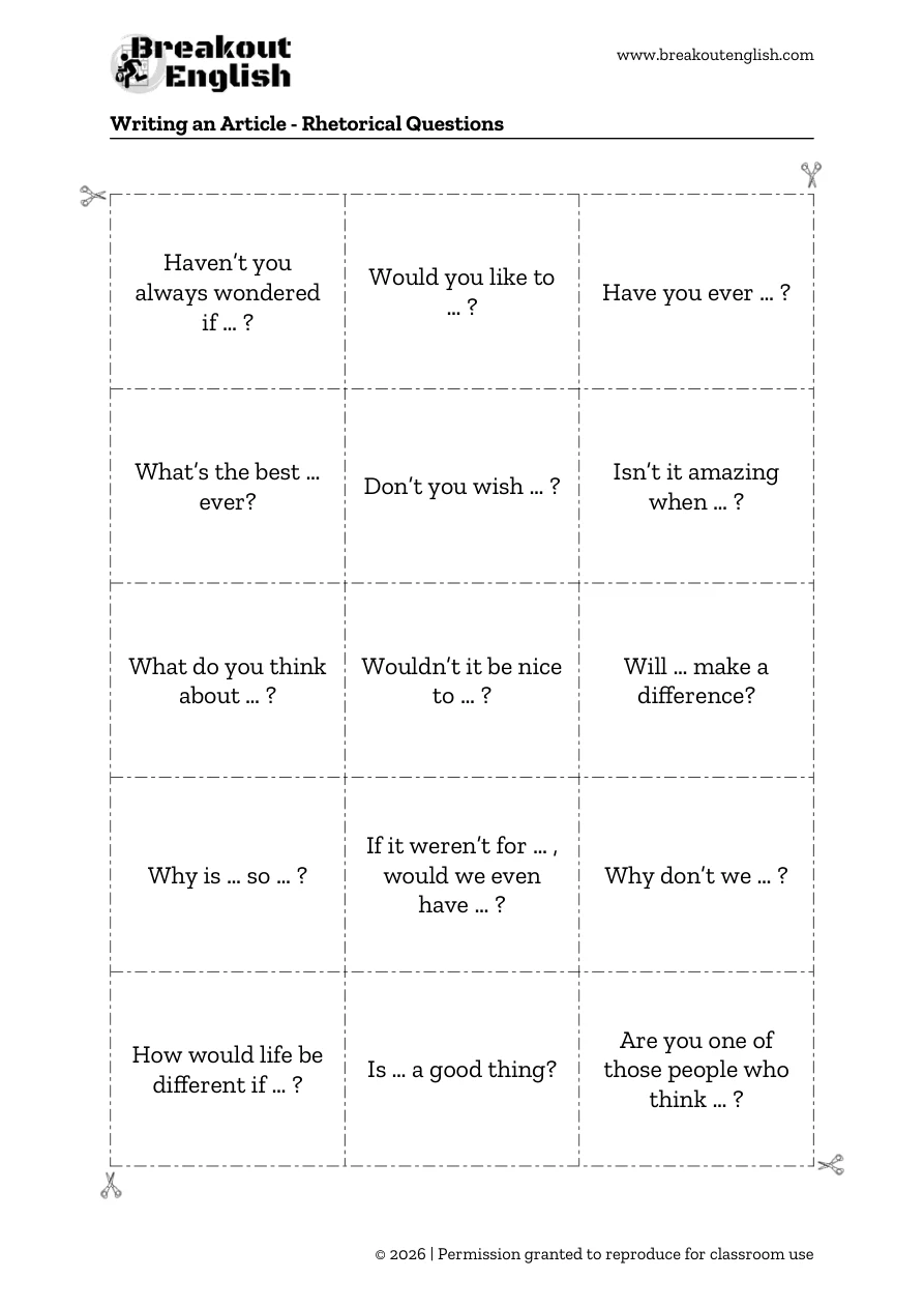 Writing an article, 15 rhetorical-question cards