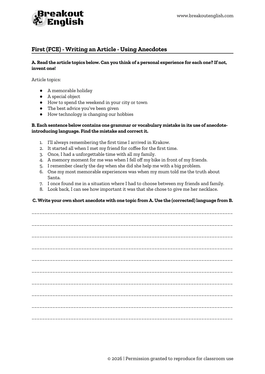 Writing an article, using anecdotes student worksheet