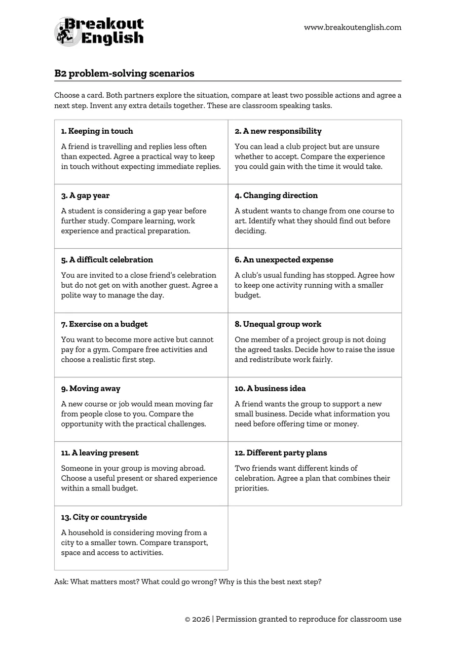 Page 1 of B2 problem-solving scenarios