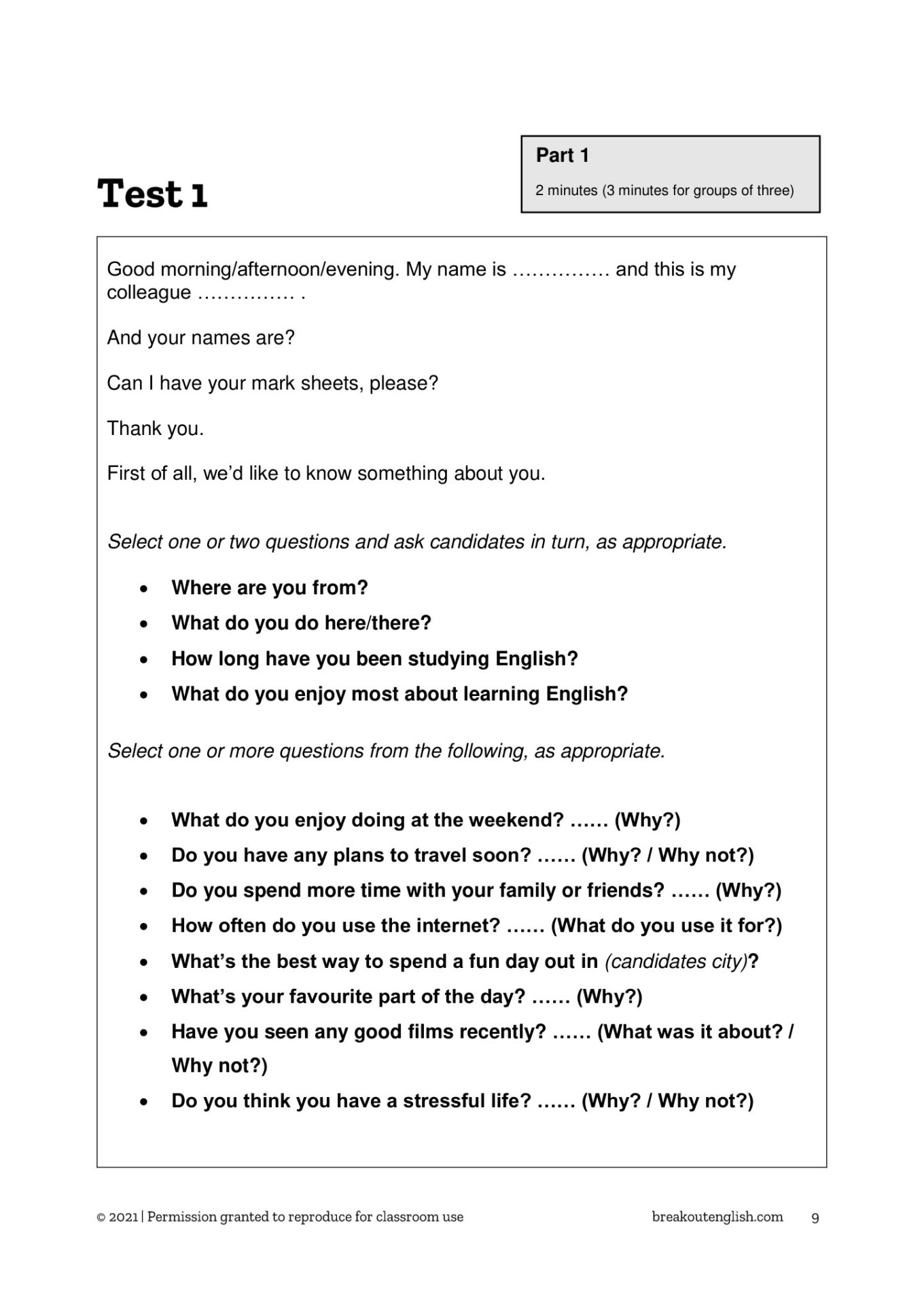 5 Speaking Tests, sample page 2