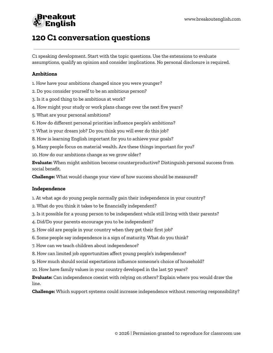 120 C1 conversation questions - ambitions and independence
