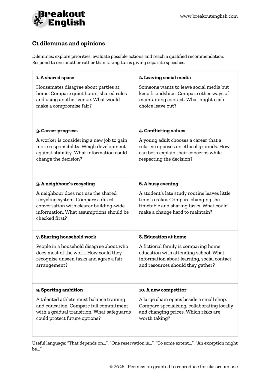 Preview of the C1 dilemmas speaking worksheet