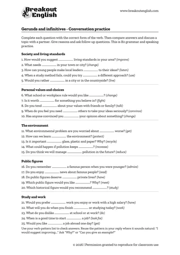 First page of Gerunds and infinitives conversation practice