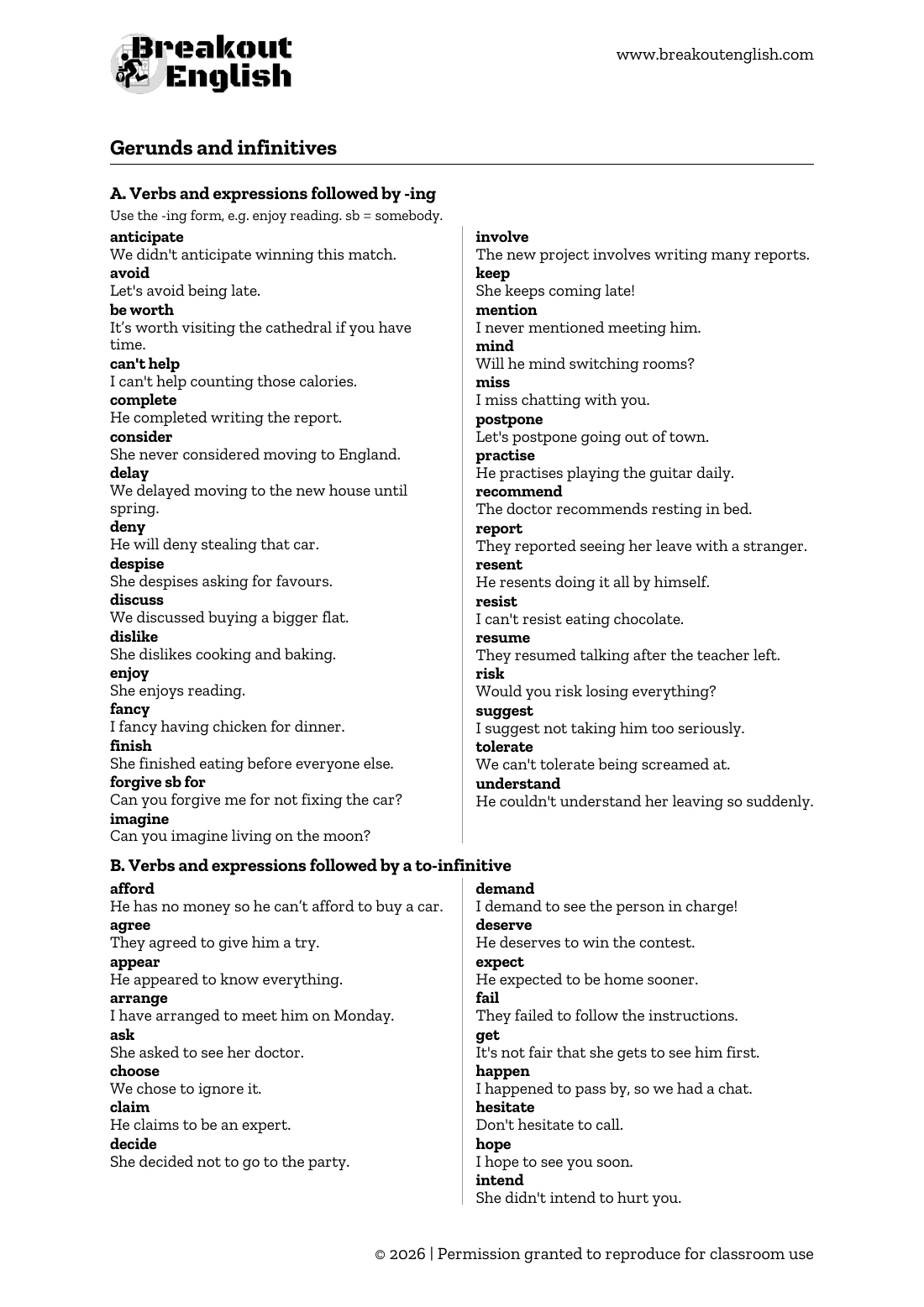 Page 1 of Gerunds and Infinitives Verb List