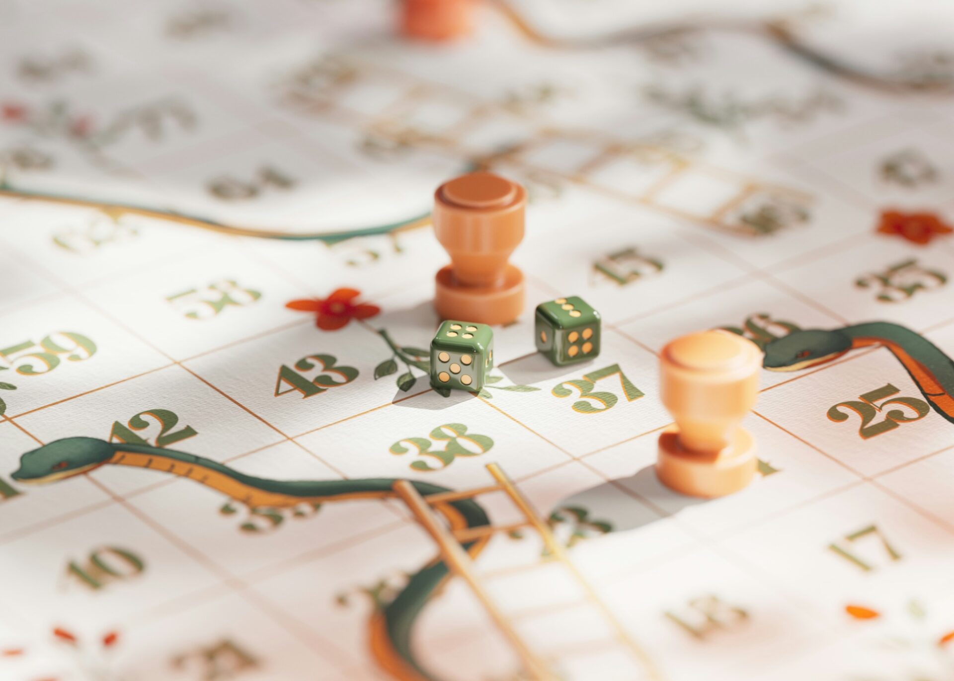 Two green dice and wooden counters on a snakes and ladders board